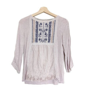 Knox Rose Boho Floral Embroidered 3/4 Sleeves Peasant Top Womens Size XS‎